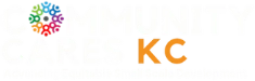 Community Cares KC logo, white text with a multi-color snowflake for an O and KC in orange