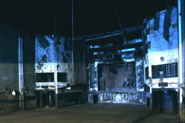 Color photo of the burn damaged interior of the Gem Theater prior to reconstruction.
