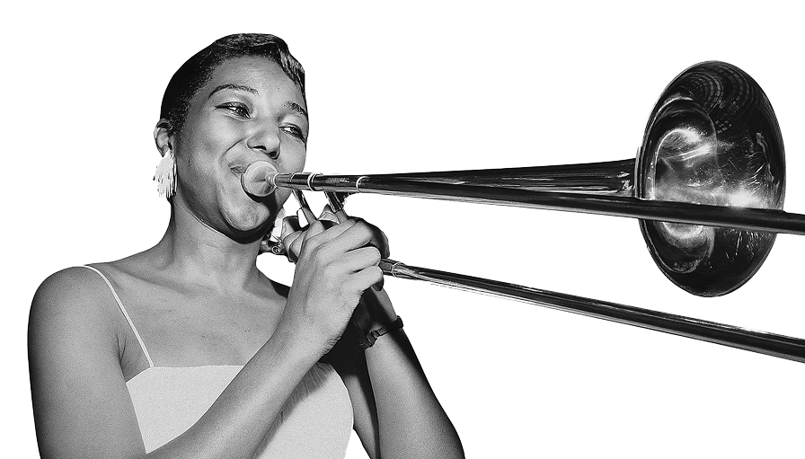 B/W photo of a woman playing the trombone.